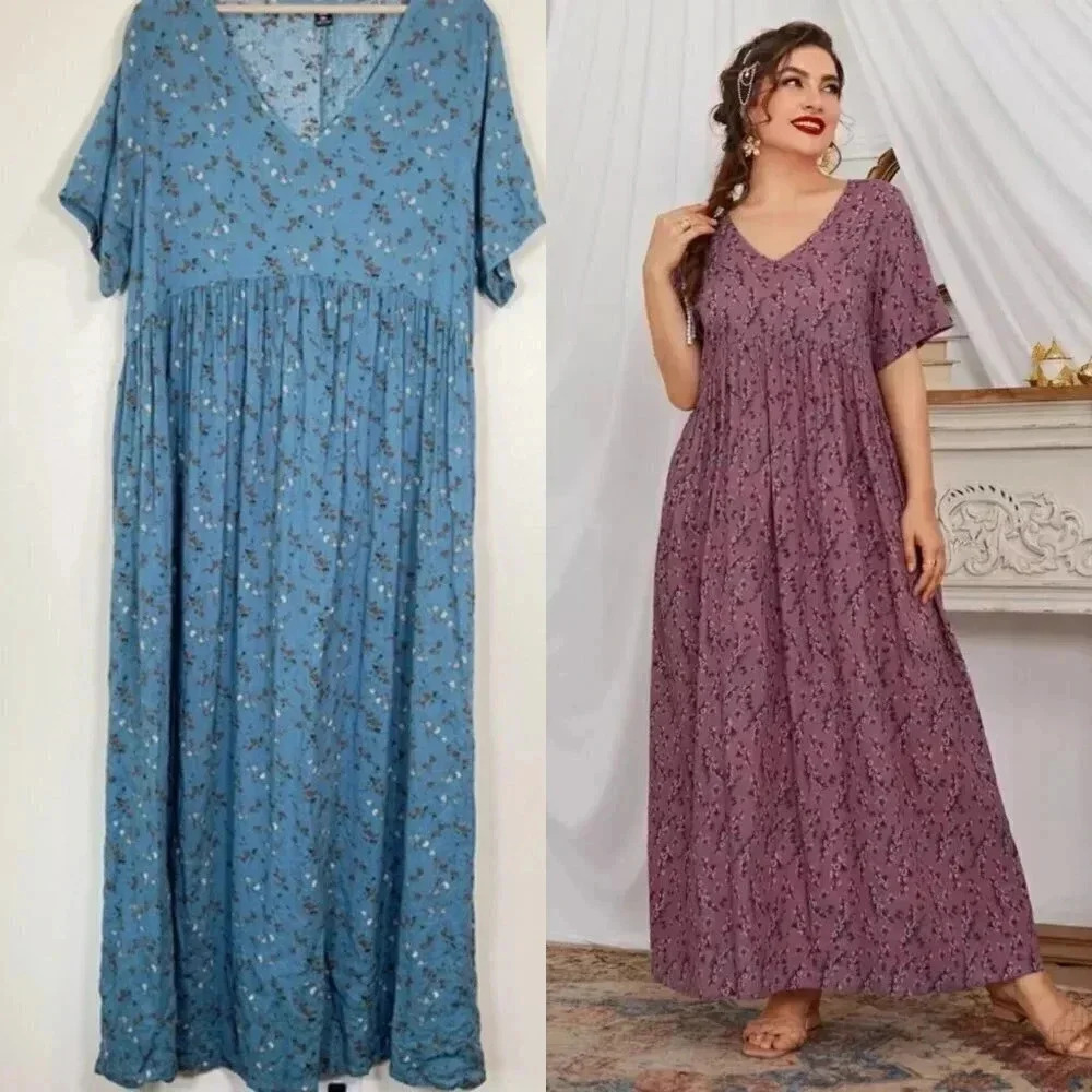SHEIN Floral V-Neck Maxi Dress in Blue